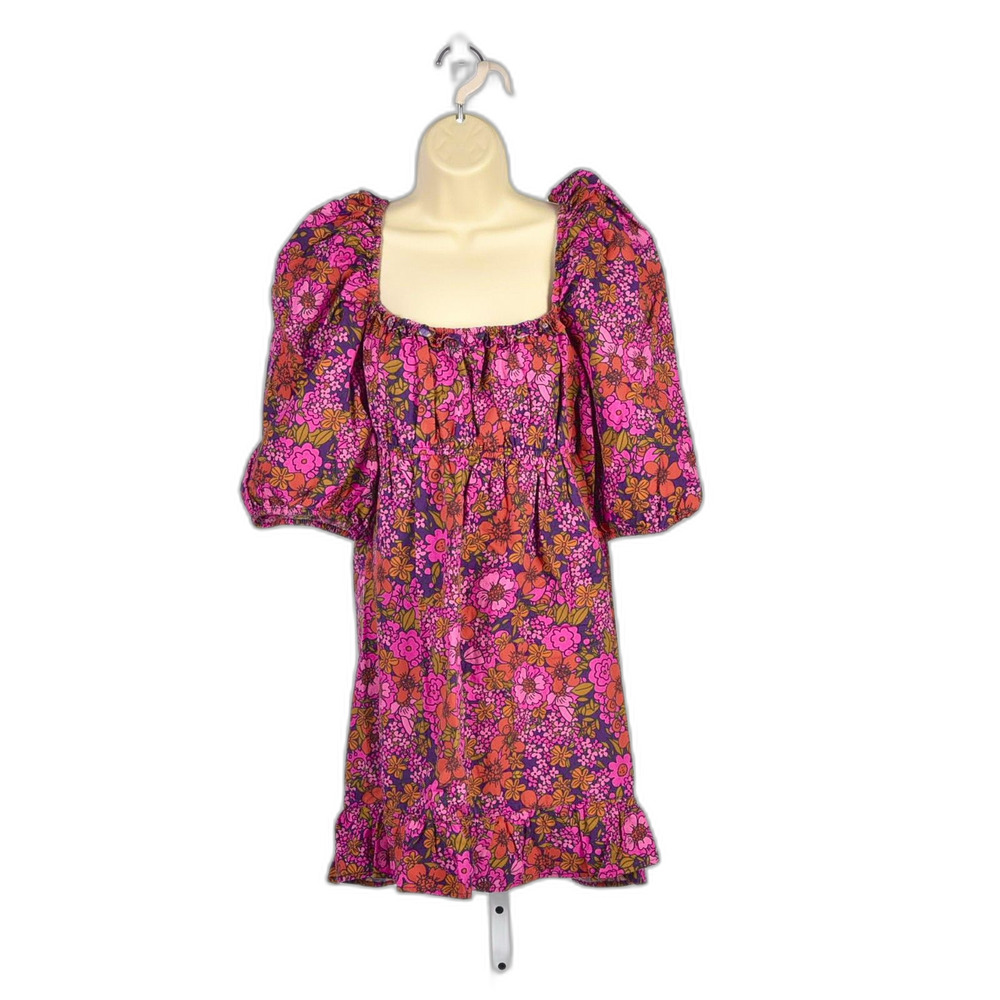 RAHI Pink Retro Floral Empire Waist Dress w/ Puff Sleeve Size XL